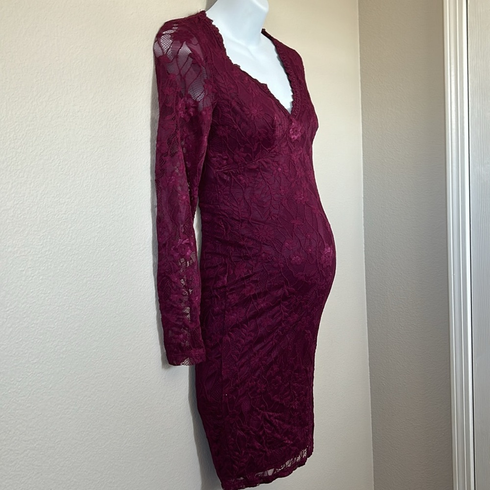 Pinkblush Plum Maroon Burgundy Long Sleeve Lace V-Neck Maternity Fitted Dress - Picture 6 of 12